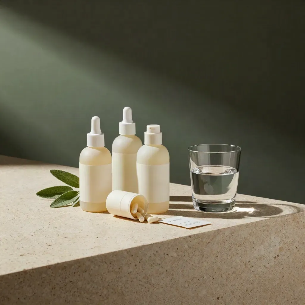 Wellness supplement bundle with bottles, refill sleeve, and water tumbler on a stone ledge.