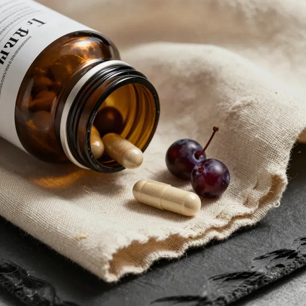 Macro of an immune-support capsule bottle in linen with a brass scoop, elderberries, and one capsule.