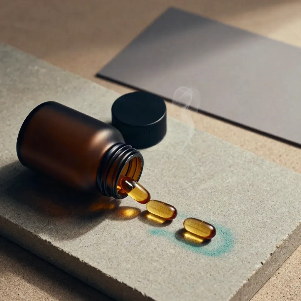 Overhead B-complex bottle with amber capsules arcing on brushed stone.