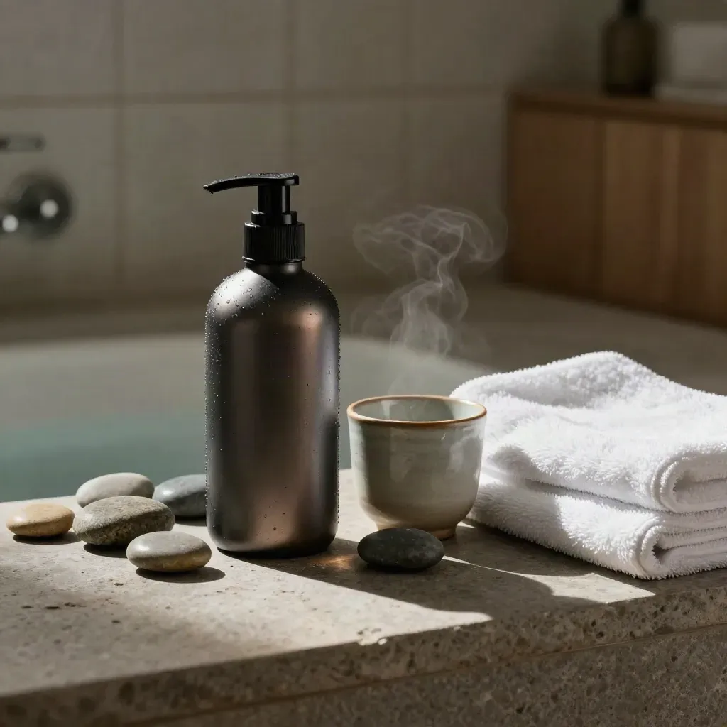 Magnesium supplement bottle among river stones, a cup and folded towel in steamy bathroom light.