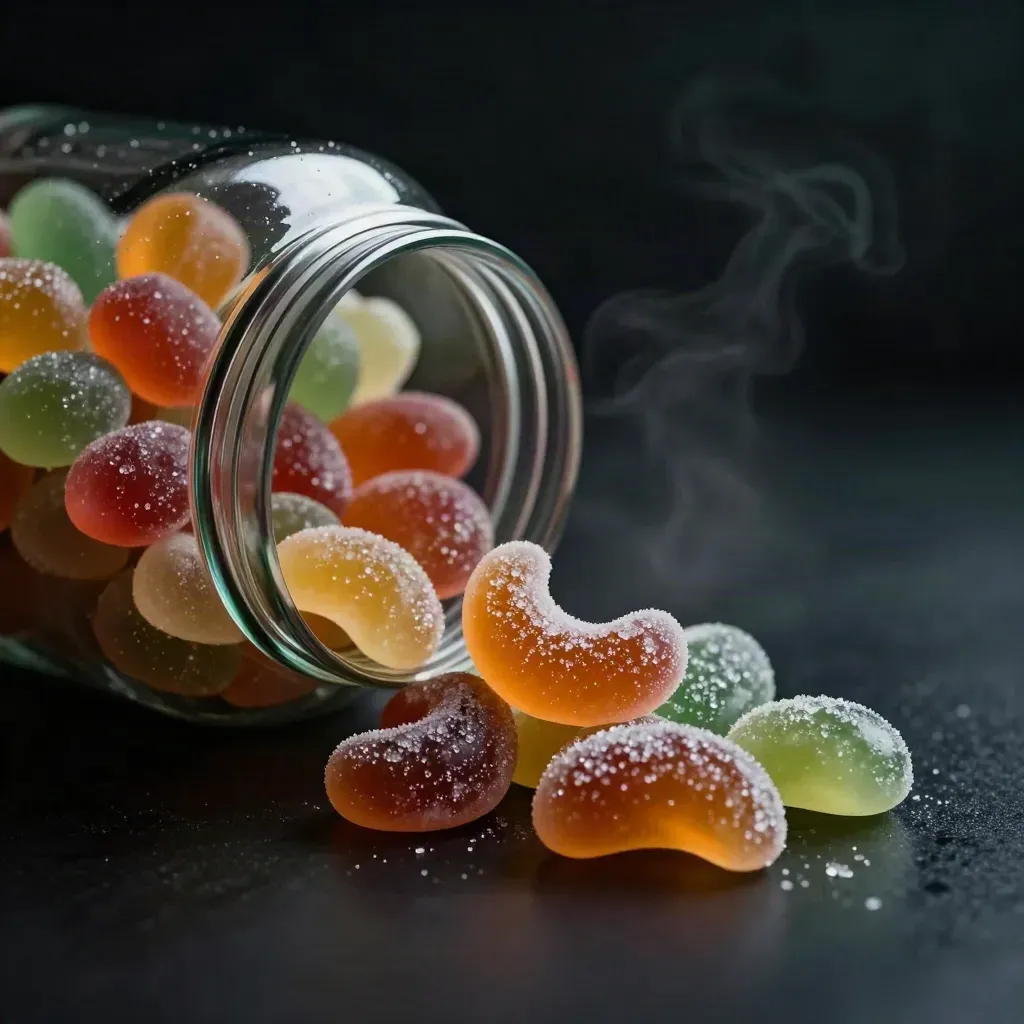Clear gummy vitamin jar with translucent chews spilling on a dark studio surface