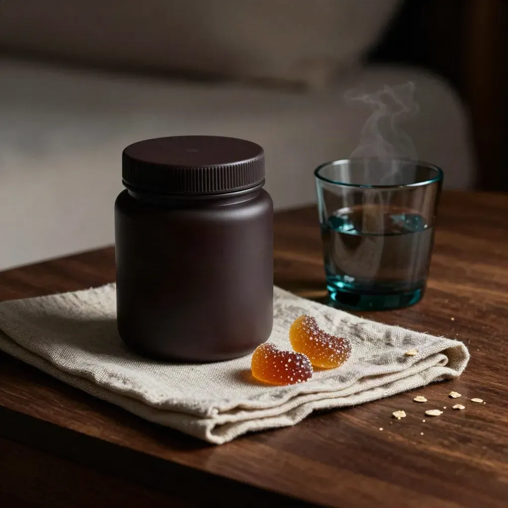 Night gummies in a dark wood bedside still life with linen, smoke glass, and cool teal haze.