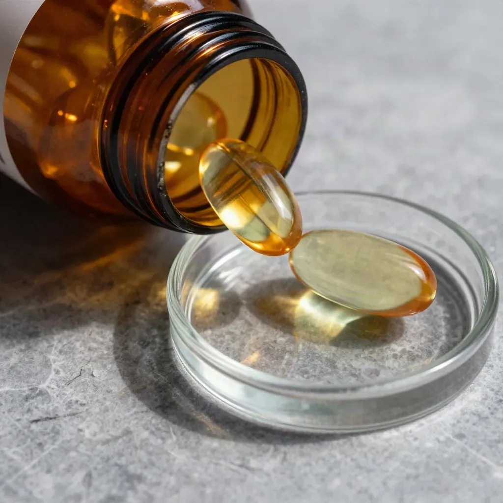 Amber softgel bottle with two capsules in a glass dish on cool marble, lit from upper left.
