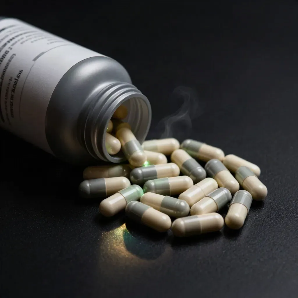 Refill bottles, opened parcel sleeve, and green capsules spilling in a dramatic dark studio scene.
