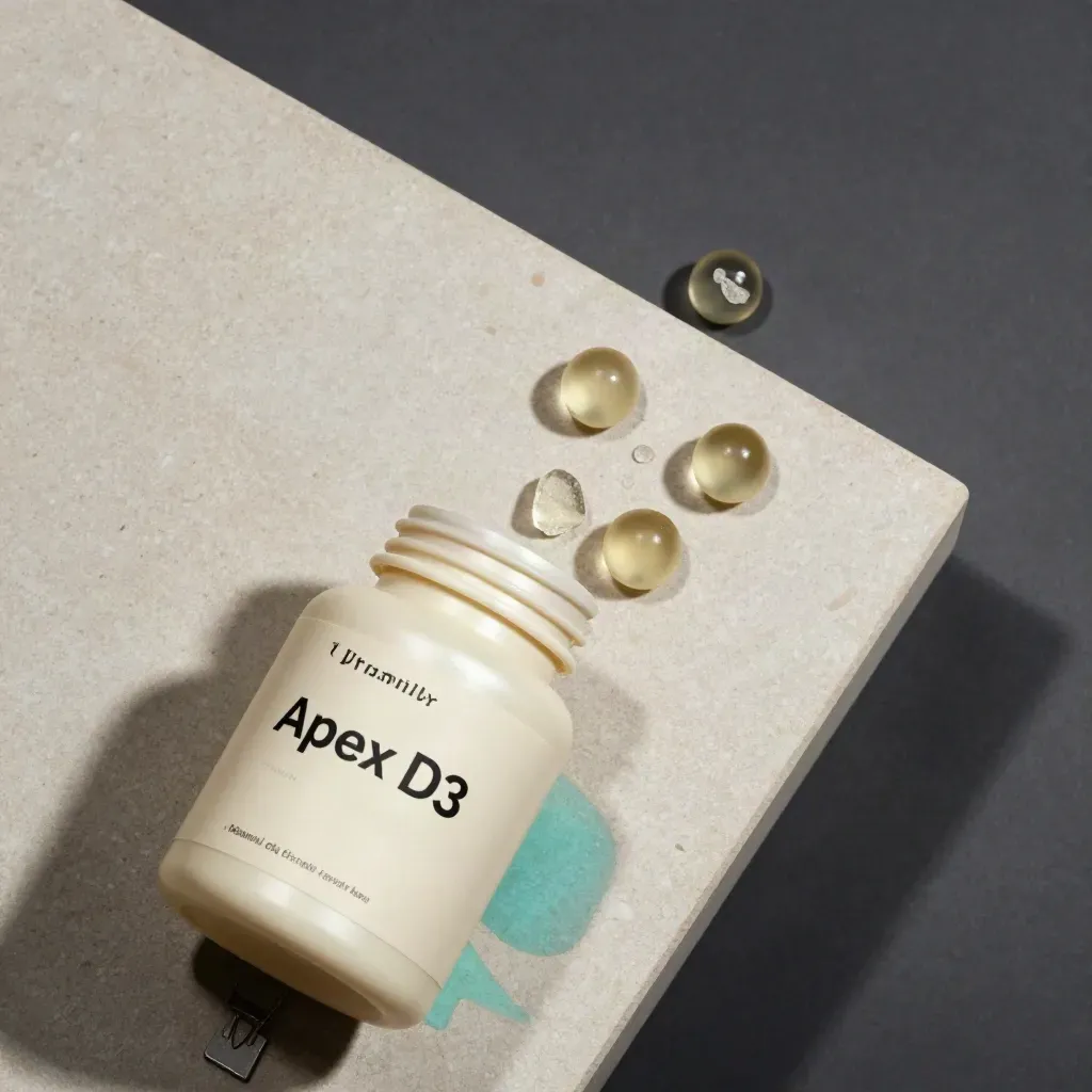 Overhead flat lay of an unbranded D3 gummies jar with translucent gummies arcing on pale stone.