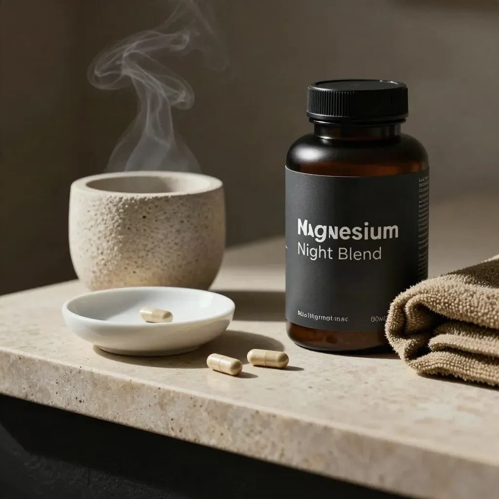 Dark supplement bottle beside stone cup, towel, and capsules on a limestone plinth.