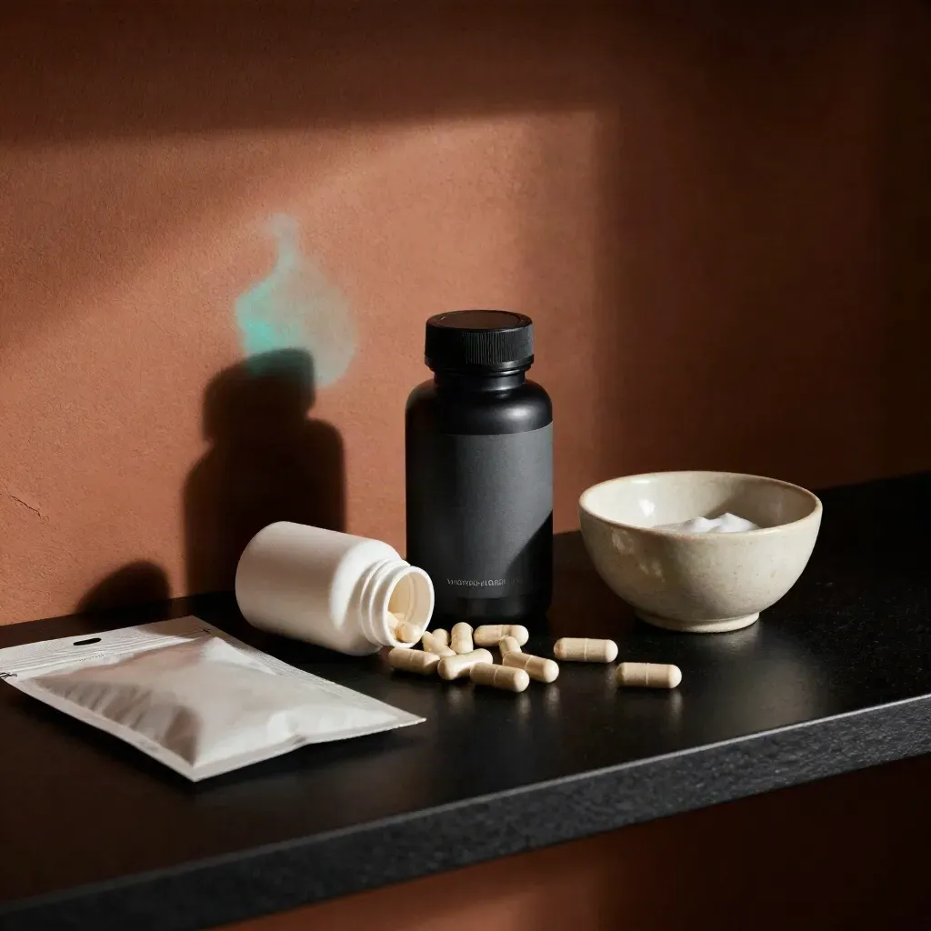 Unmarked women’s multivitamin bottle, ceramic bowl, and drifting capsules on a dark studio surface.