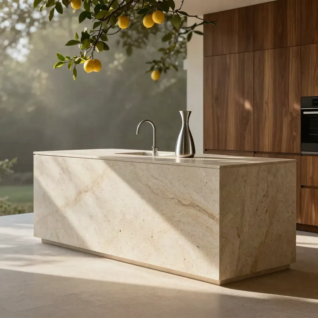 Travertine island, brushed steel carafe, blurred citrus branches, soft morning light, calm copy space.