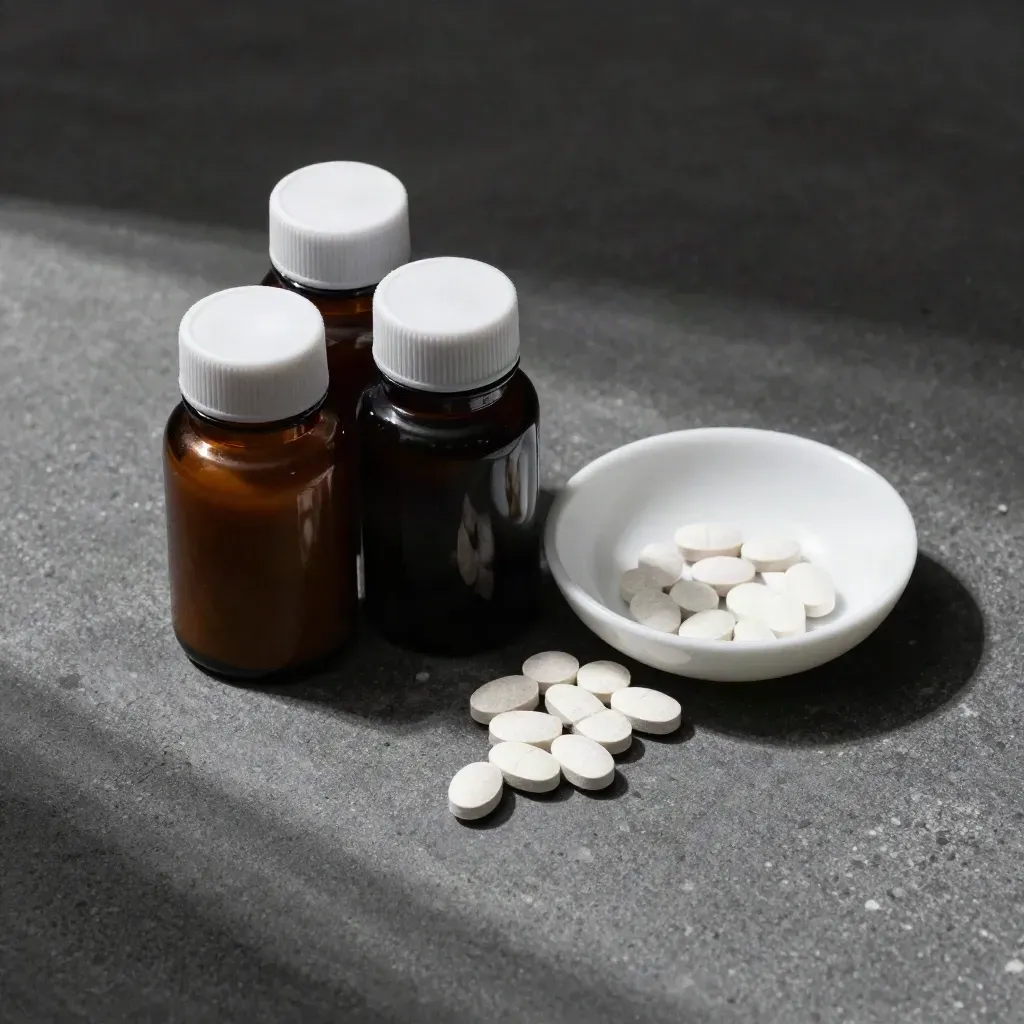 Overhead trio of mineral blend bottles and white tablets on charcoal concrete.