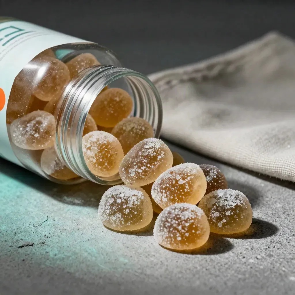 Macro of an unmarked kids gummy vitamin jar with clustered gummies and folded cotton cloth on cool concrete.