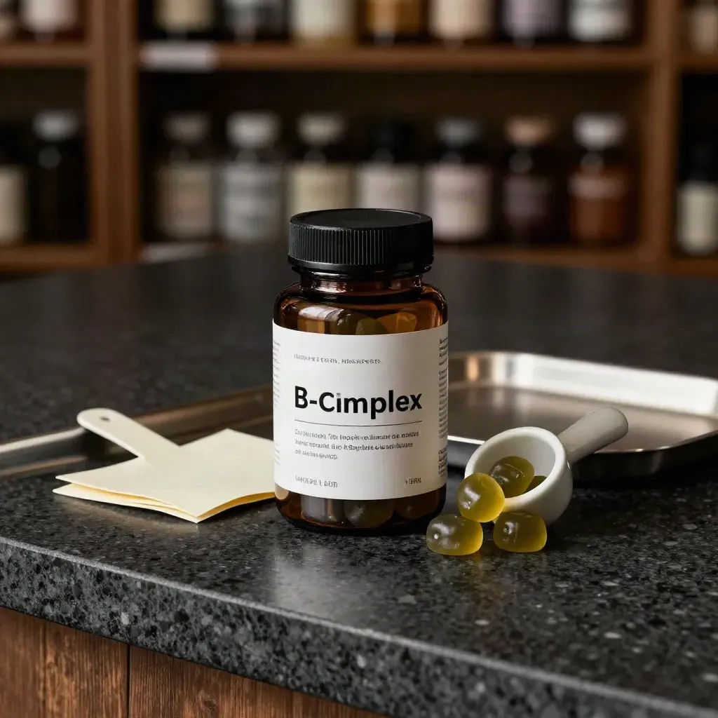 Amber B-complex gummy jar with scoop and folded insert on a travertine counter