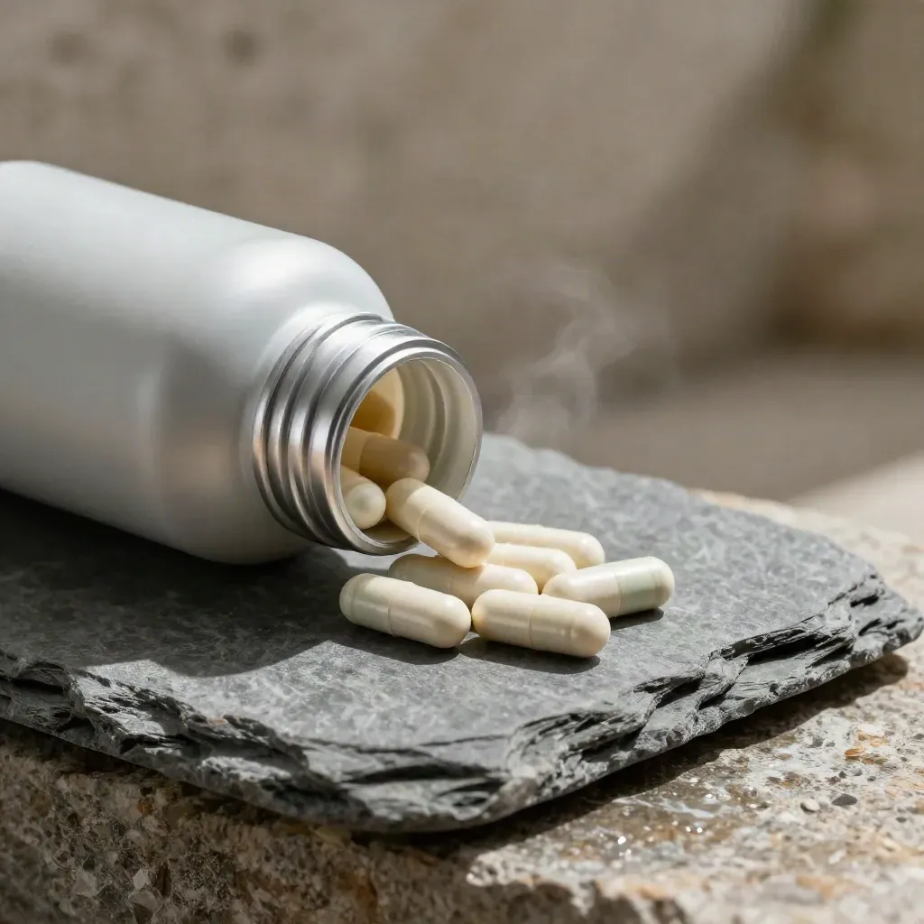 Unbranded men's multivitamin bottle with scoop and capsules on a slate step