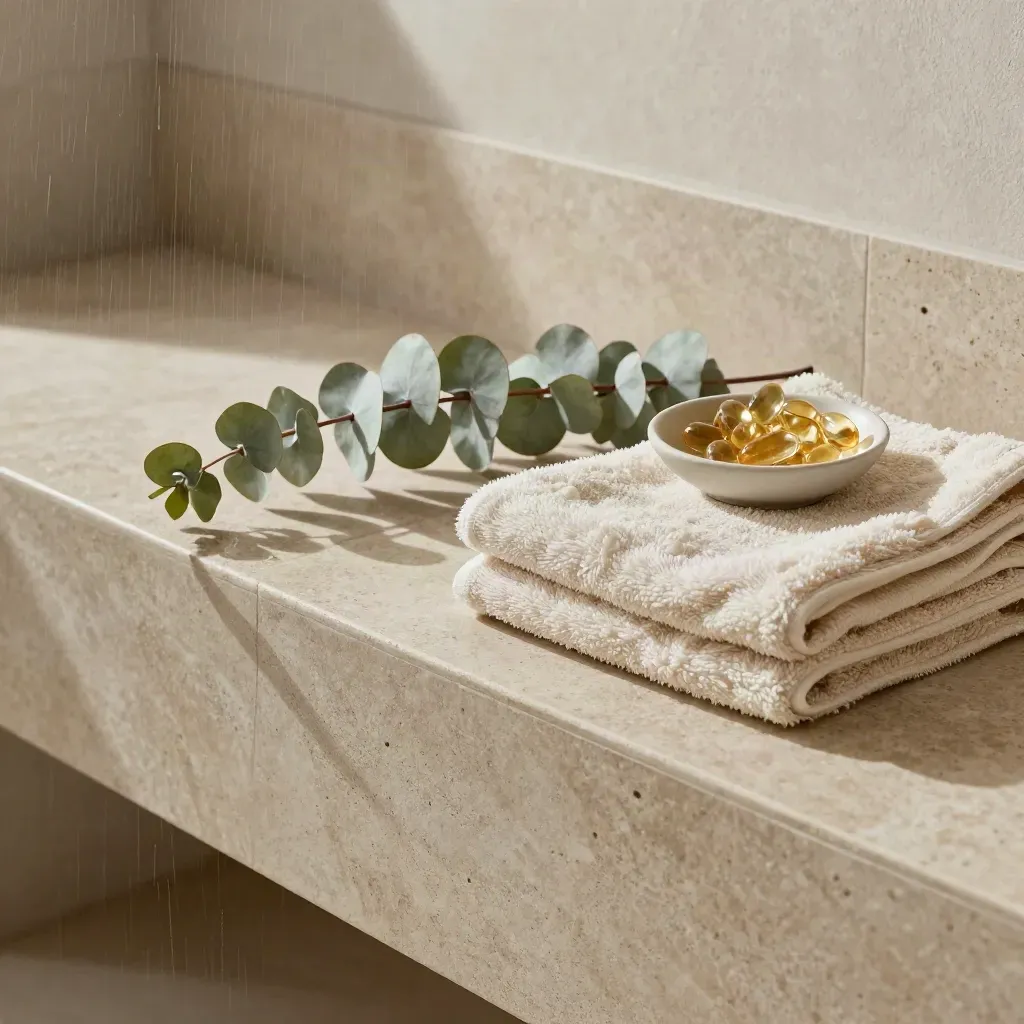 Eucalyptus, towel, and immune-support capsules on a steamy bathroom bench in soft rain light.