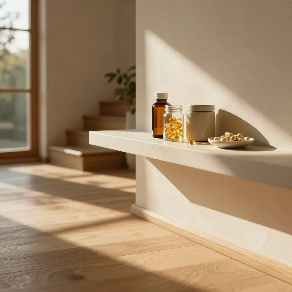 Sunlit sunroom corner with wellness bottles, capsules, staircase, and calm copy space.