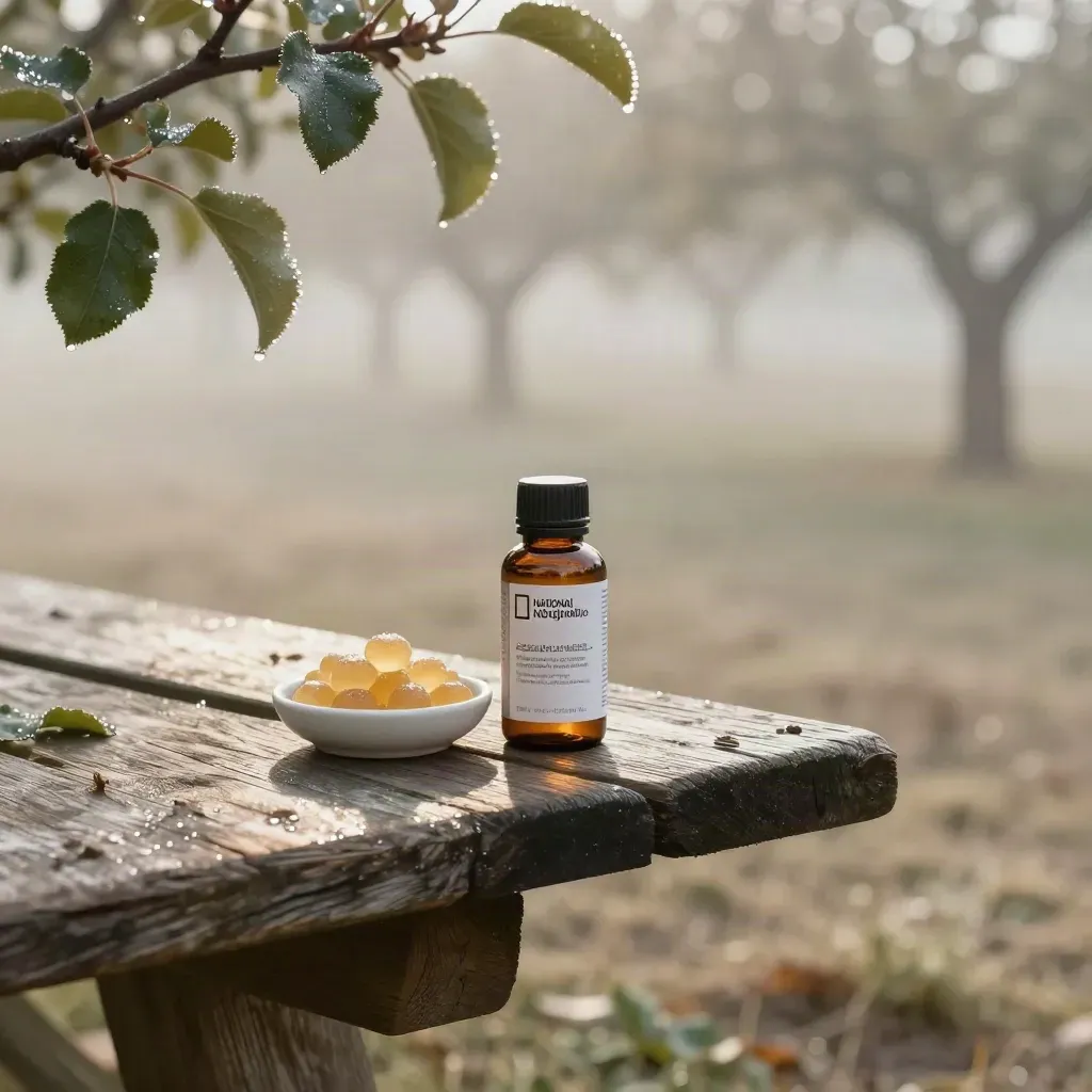 Misty orchard edge with a low wooden bench and gummy supplements in dawn light.