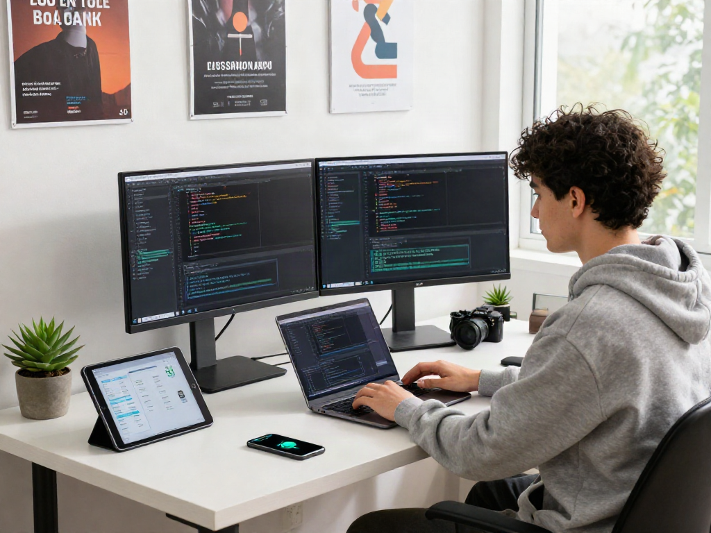 Pikashow APK developer coding at modern workspace with dual monitors.