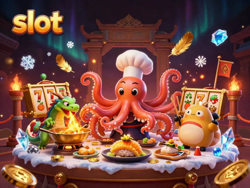 Engage with slot excitement in a vibrant 3D casino scene featuring an octopus chef and dragon.