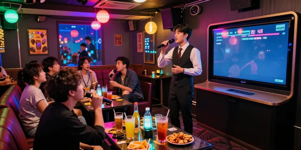 강남 달토 가라오케에서 즐거운 노래를 부르는 손님들과 환영하는 호스트의 모습