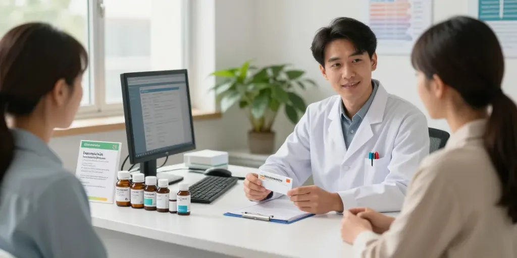 Consultation scene for buying ivermectin online with pharmacist assisting patient.
