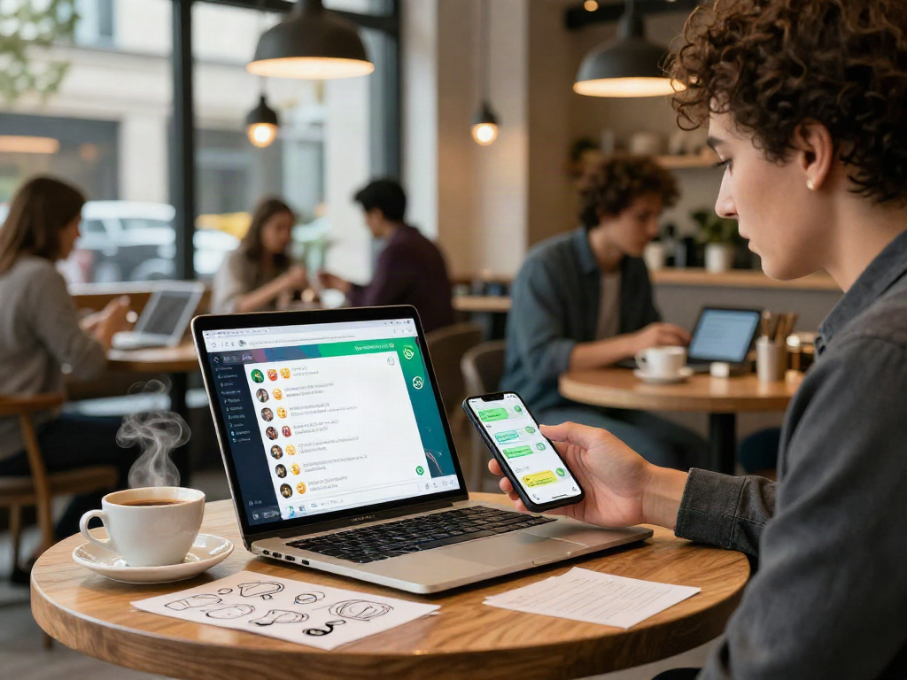 Interactive gbwhatsapp chat on a laptop in a sleek cafe, showcasing modern communication.