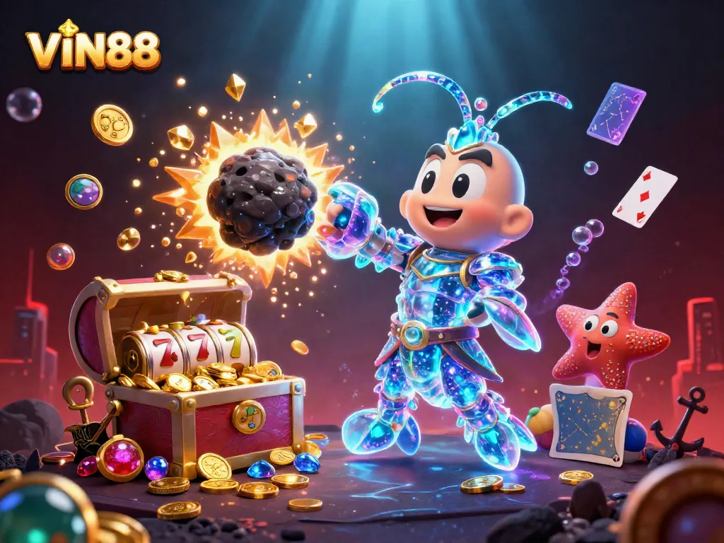 Experience exciting gaming moments with VIN88’s vibrant 3D illustration showcasing exhilarating slot treasures and adventures.