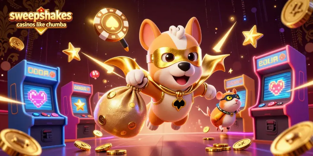 Experience the fun of sweepstakes casinos like Chumba with vibrant gaming elements, featuring a superhero dog and sidekick.