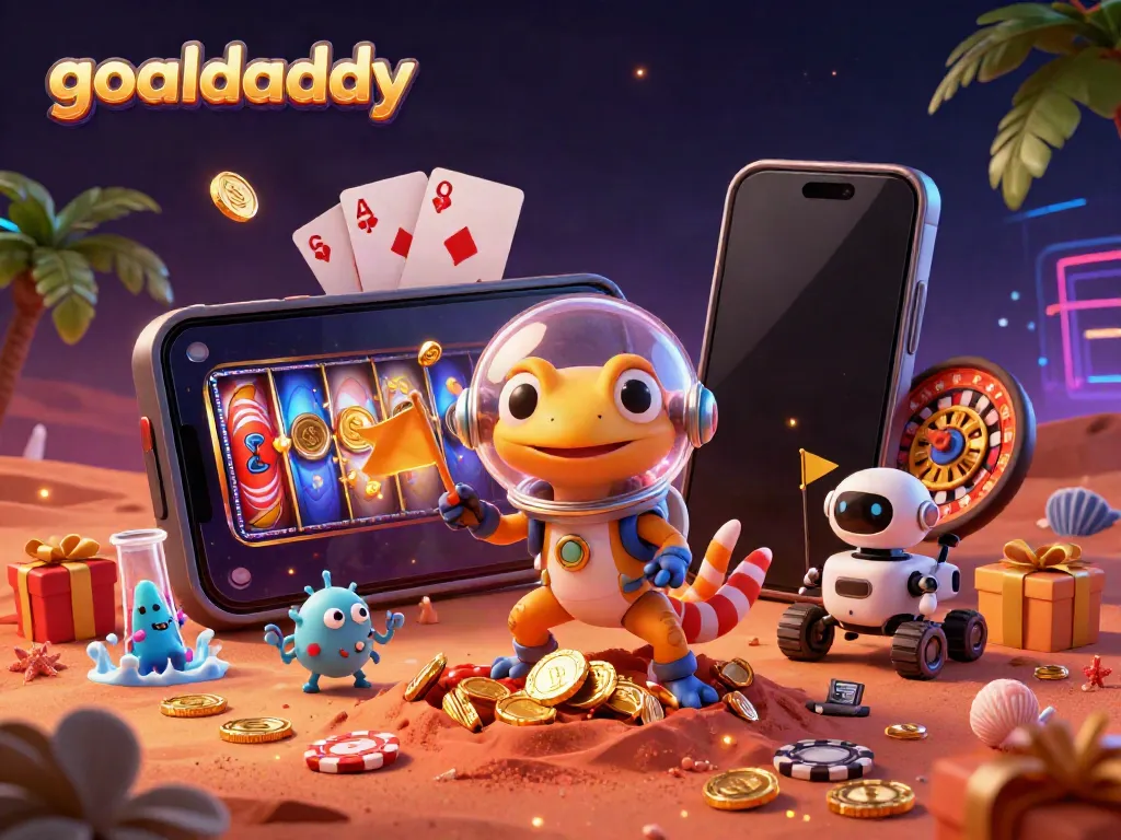 Experience goaldaddy's thrilling gaming adventure with a Martian gecko in a golden casino landscape.
