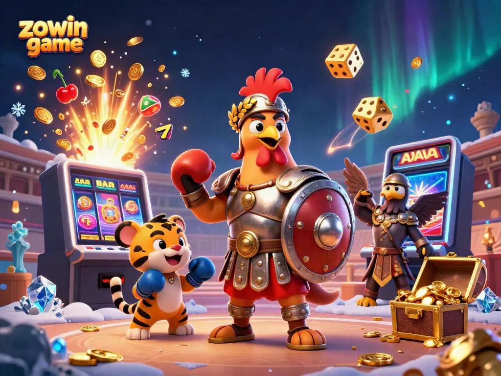 Engage with the exciting zowin game showcasing a 3D gladiator rooster, jackpot, and colorful casino elements.
