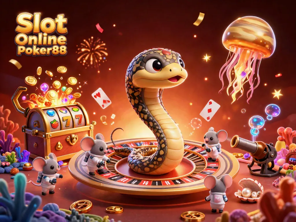 Engaging scene of vibrant Slot Online Poker88 with playful characters and casino elements in 3D illustration.