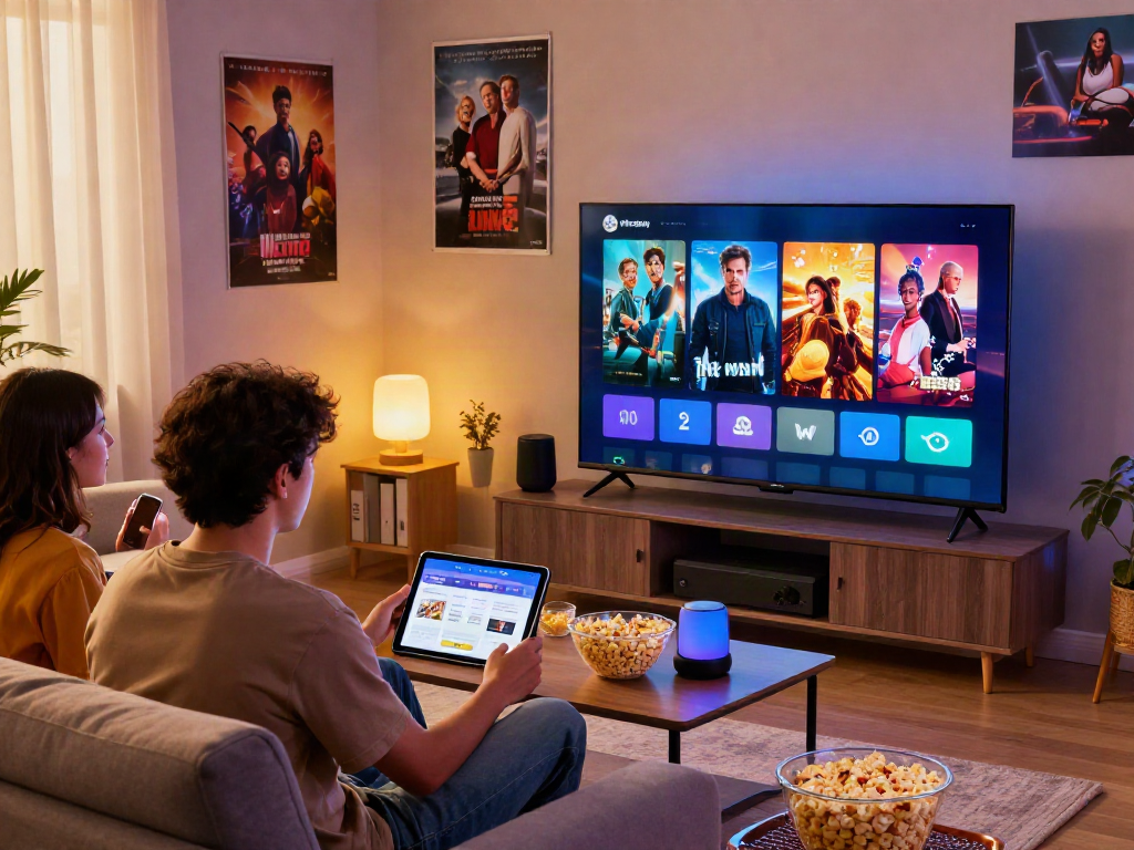 Friends using the pikashow app for a fun movie night in a cozy living room.