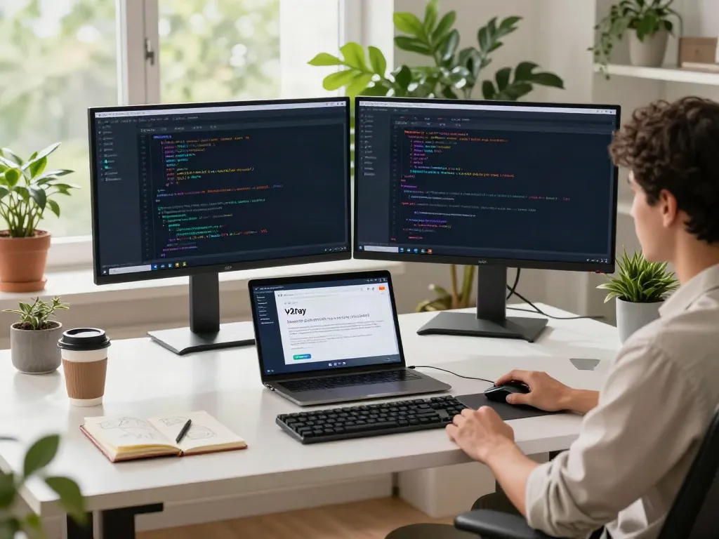 v2rayN software development setup with dual monitors, coffee, and plants
