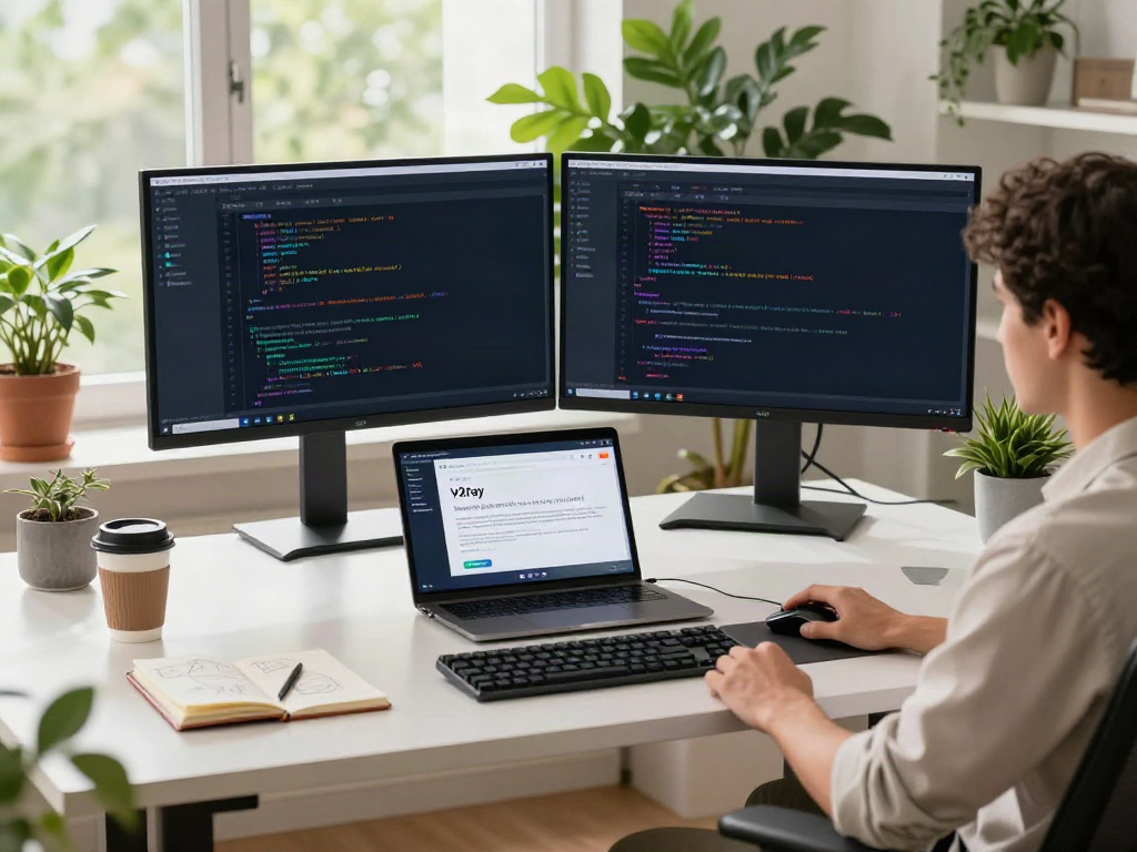 v2rayN software development setup with dual monitors, coffee, and plants