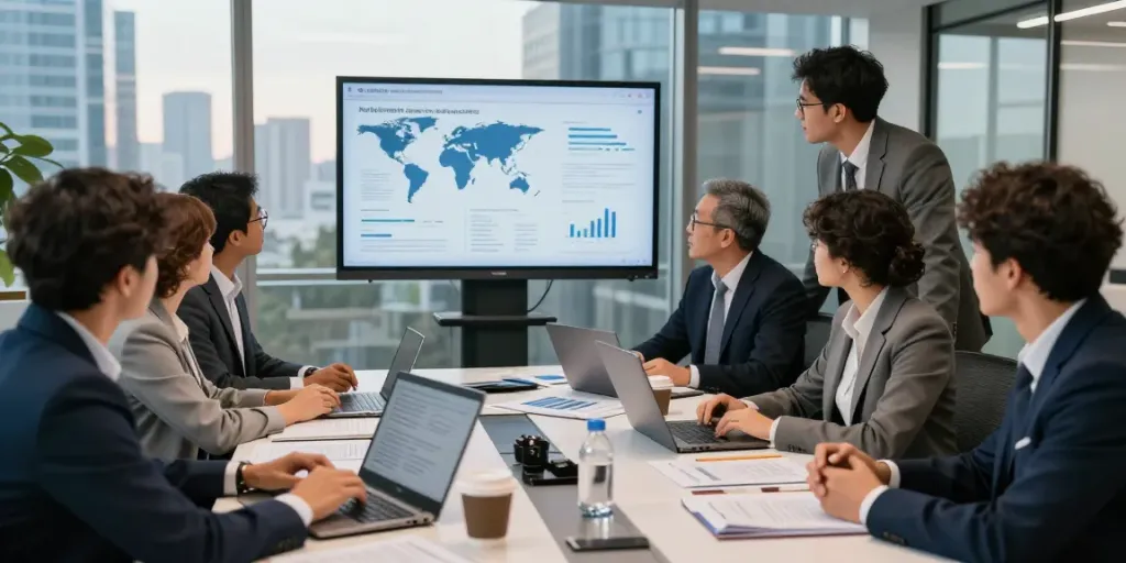 Lead Roedl team collaborating in a modern office for legal strategies and international business.