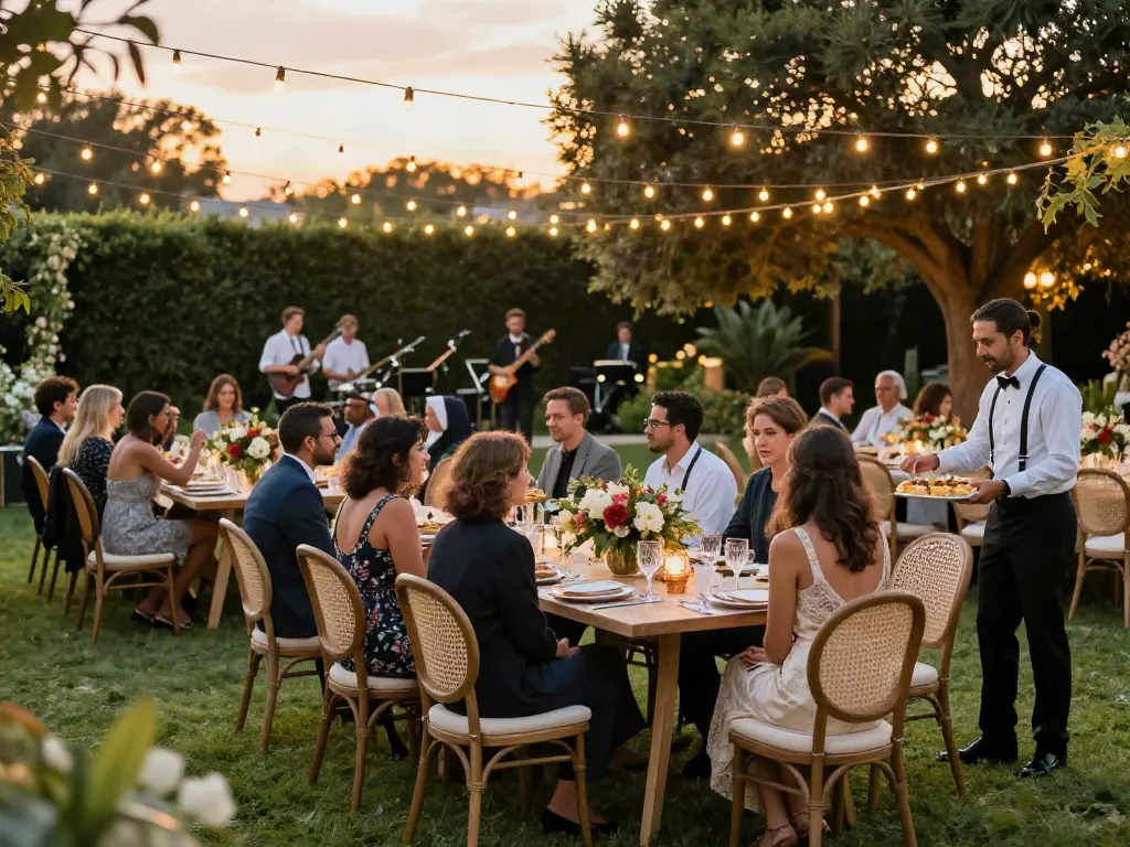 Event furniture rental showcased in a stunning outdoor garden party setup with guests enjoying a stylish atmosphere.