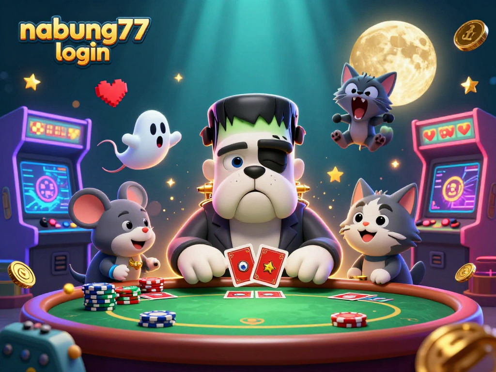 Engage in the nabung77 login experience while watching a 3D Frankenstein bulldog deal cards at a poker table.
