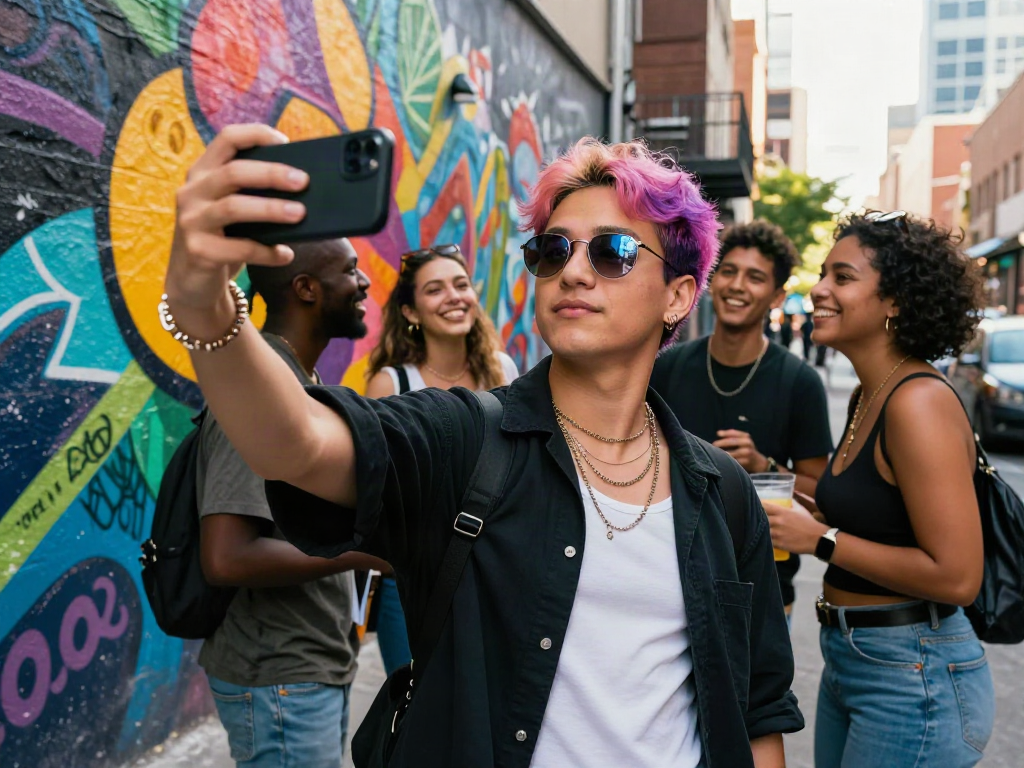 Confident individual taking a selfie during a test of attractiveness with friends in an urban setting.