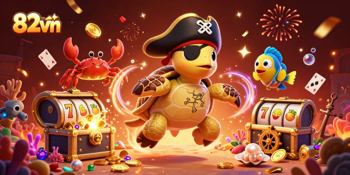 Engage in thrilling 82vn casino adventures featuring colorful characters above treasure.