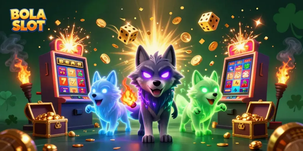 BOLA SLOT showcases a dynamic gaming scene with three ghostly wolves and a jackpot explosion, encapsulating casino excitement.