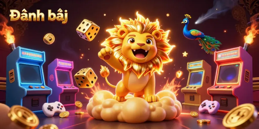 Engage in Đánh bài with a vibrant, colorful casino scene featuring animated characters and game elements.