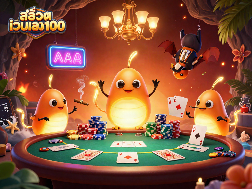 Join the excitement at สล็อตเว็บตรง100 with glowworms lighting up a vibrant poker game in this 3D illustration.