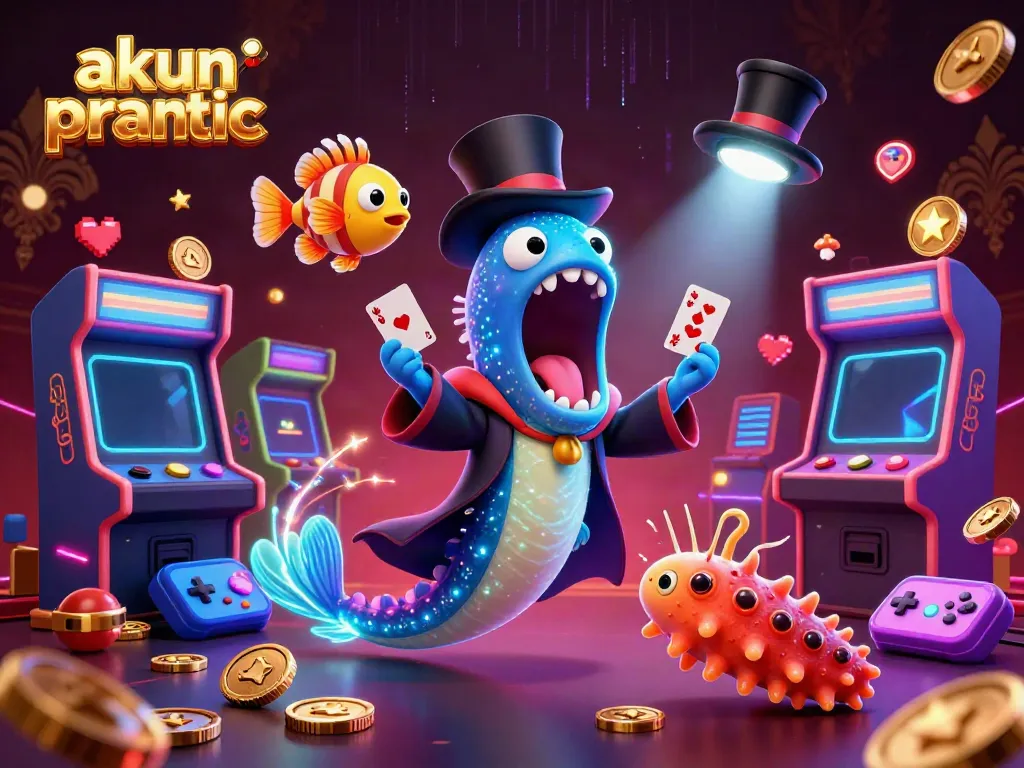 Engaging illustration showcasing akun pragmatic, featuring a magical deep-sea scene with a gulper eel performing card tricks alongside an anglerfish and a sea cucumber, surrounded by sparkling casino elements.