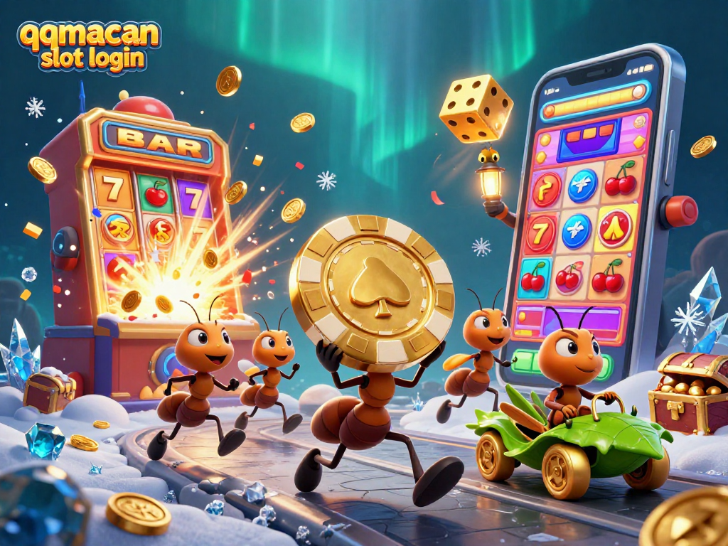 Join the heist with qqmacan slot login featuring a team of ants, lively casino elements, and gold symbols.