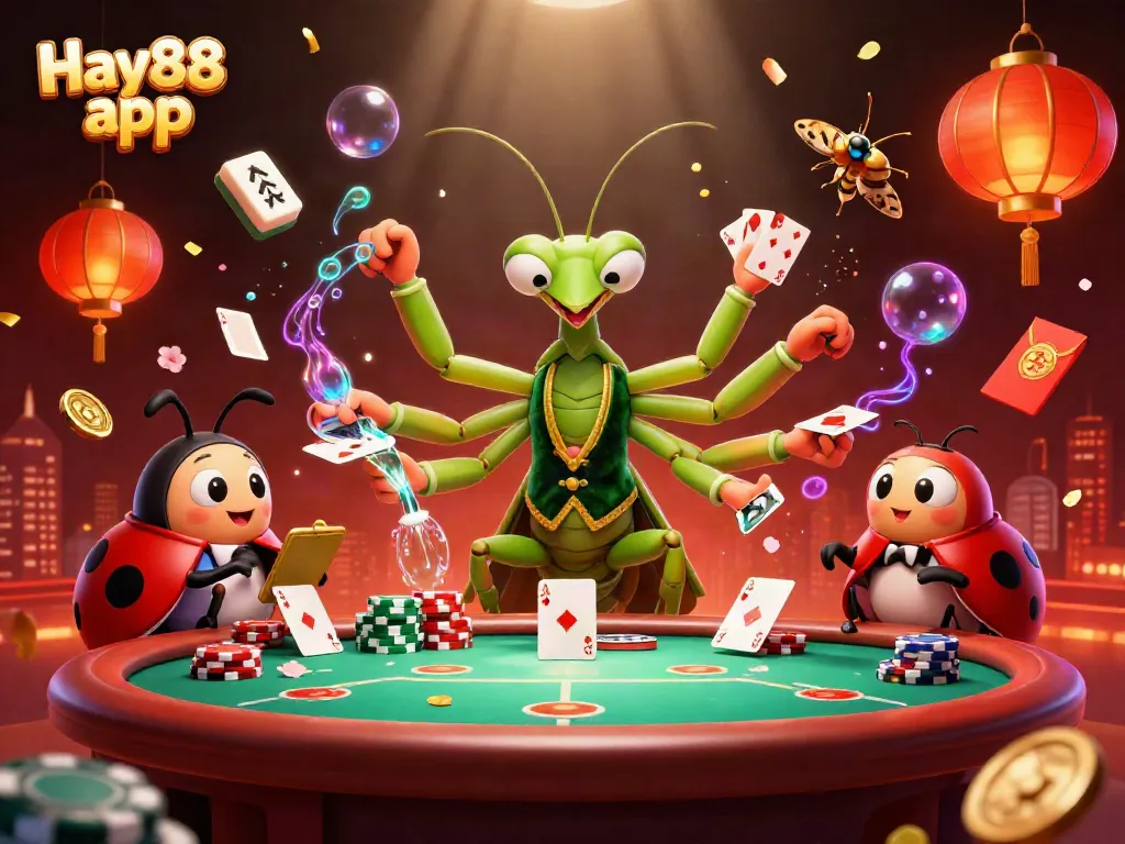 Join in the excitement with the Hay88 app as a giant praying mantis card sharp deals poker at a vibrant online casino.