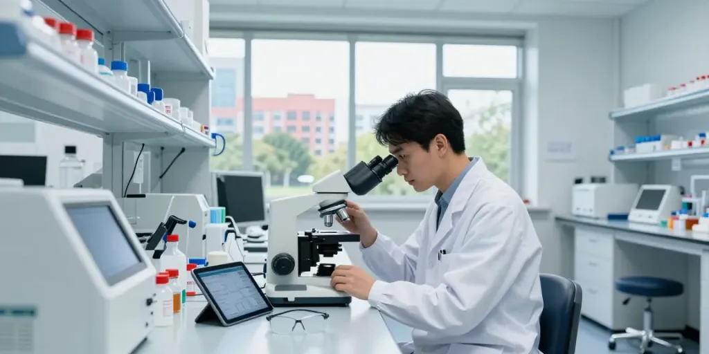 Scientist researching peptides at a modern lab using peptideprice netlify for price comparisons.