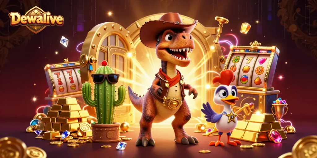 Dewalive showcases a vibrant scene with a T-Rex and friends amidst casino elements, illustrating exciting slots.