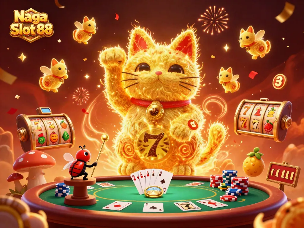Experience the magical journey with Naga Slot 88 featuring vibrant casino symbols, fireflies, and festive celebrations.