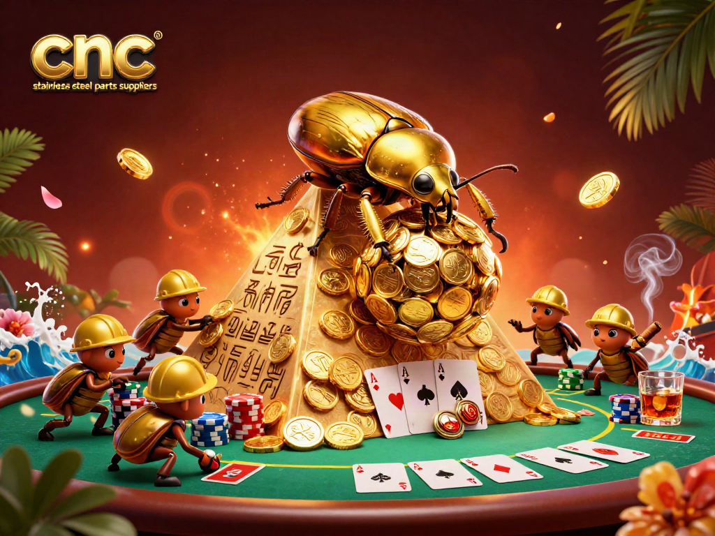 Engaging 3D illustration by cnc stainless steel parts suppliers depicting a beetle casino scene with golden coins.