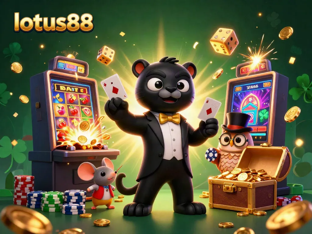 Gambarkan keseruan bermain di lotus88 dengan panther, burung hantu, dan tikus keberuntungan di mesin slot jackpot.