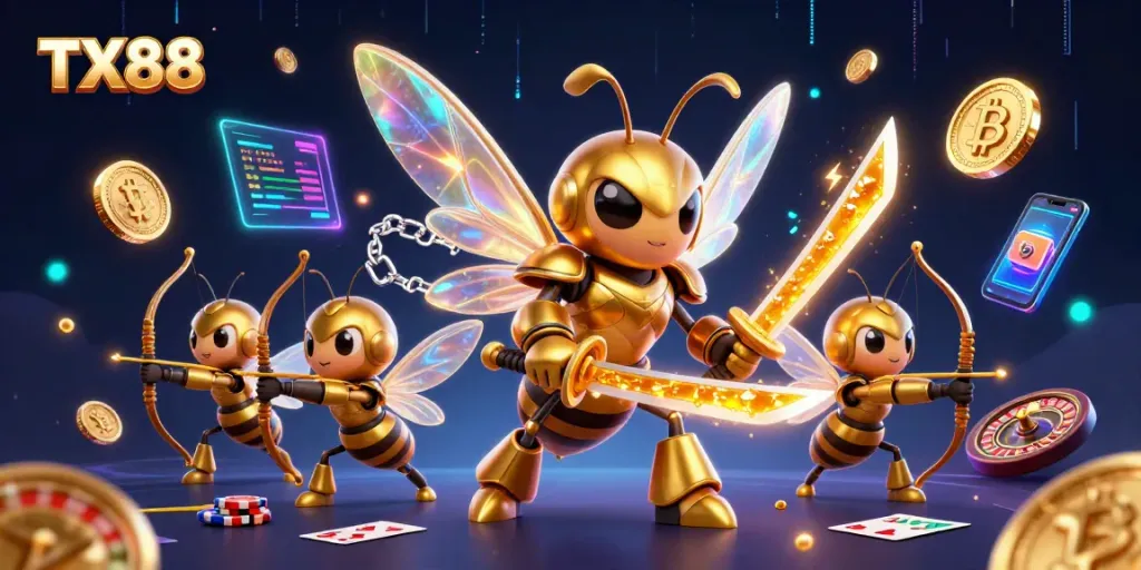 TX88 showcases a thrilling casino scene with a giant cartoon hornet and bee archers amidst gambling elements.