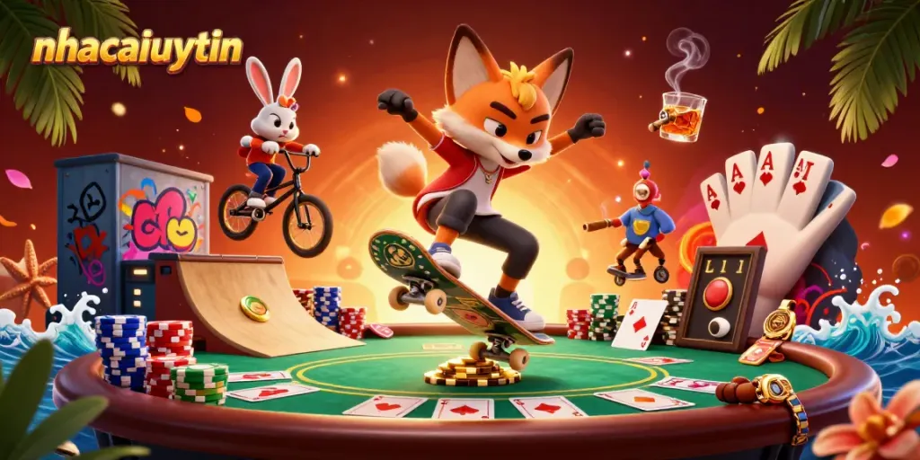 Experience fun at nhacaiuytin with vibrant characters and dynamic casino-themed elements.